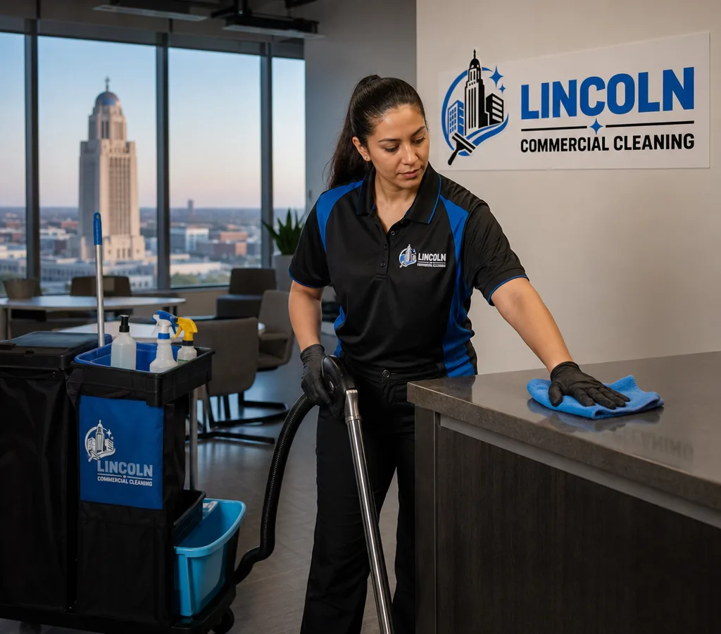 Uniformed commercial cleaner vacuuming and wiping high-touch surfaces in a modern Lincoln office suite after hours