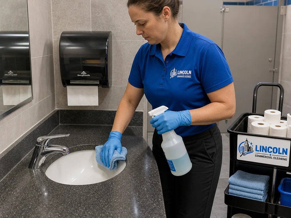 Cleaner restocking paper goods and sanitizing fixtures in a commercial restroom