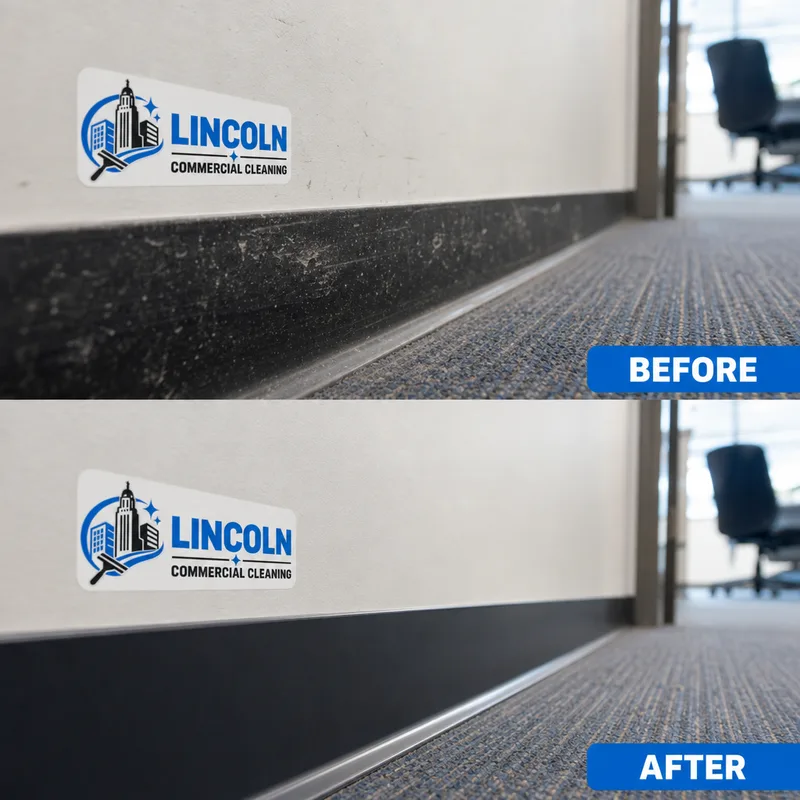 Cleaned baseboards and floor edge in a commercial office after detailed dust and scuff removal