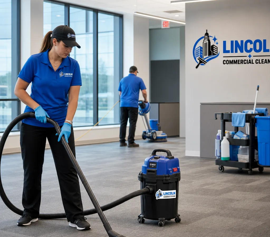 Commercial cleaning technicians deep cleaning an office suite in Lincoln with vacuums, microfiber systems, and floor equipment