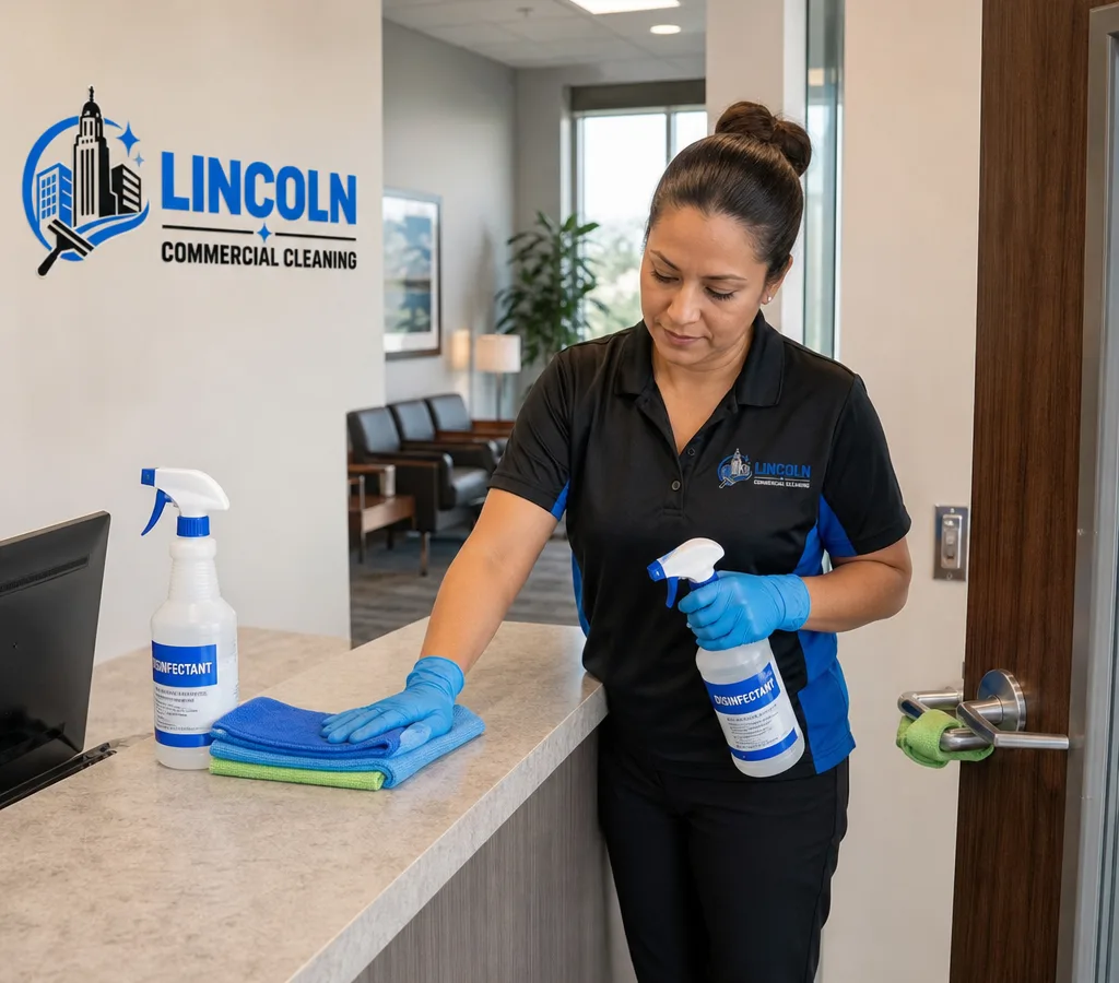 Professional cleaner disinfecting a medical reception counter and door hardware with color-coded microfiber cloths