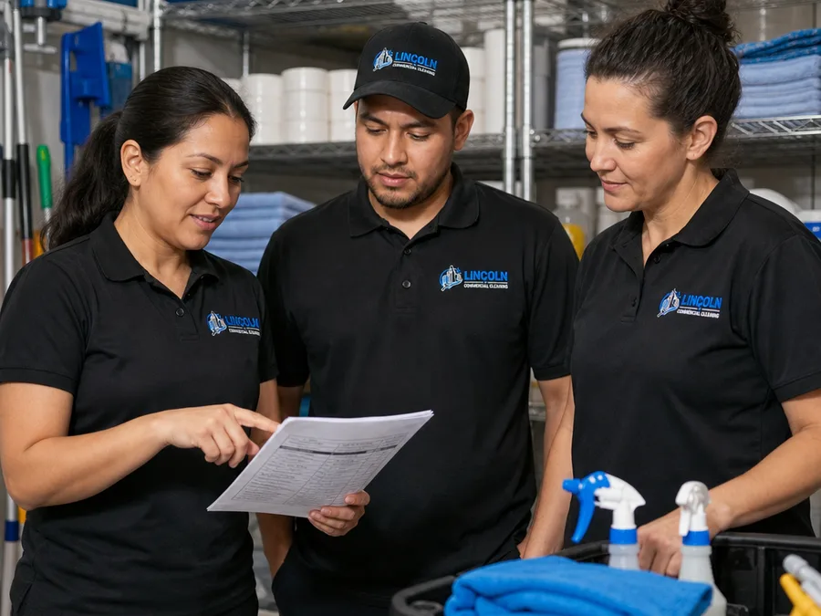 Commercial cleaning team reviewing a printed checklist and supplies